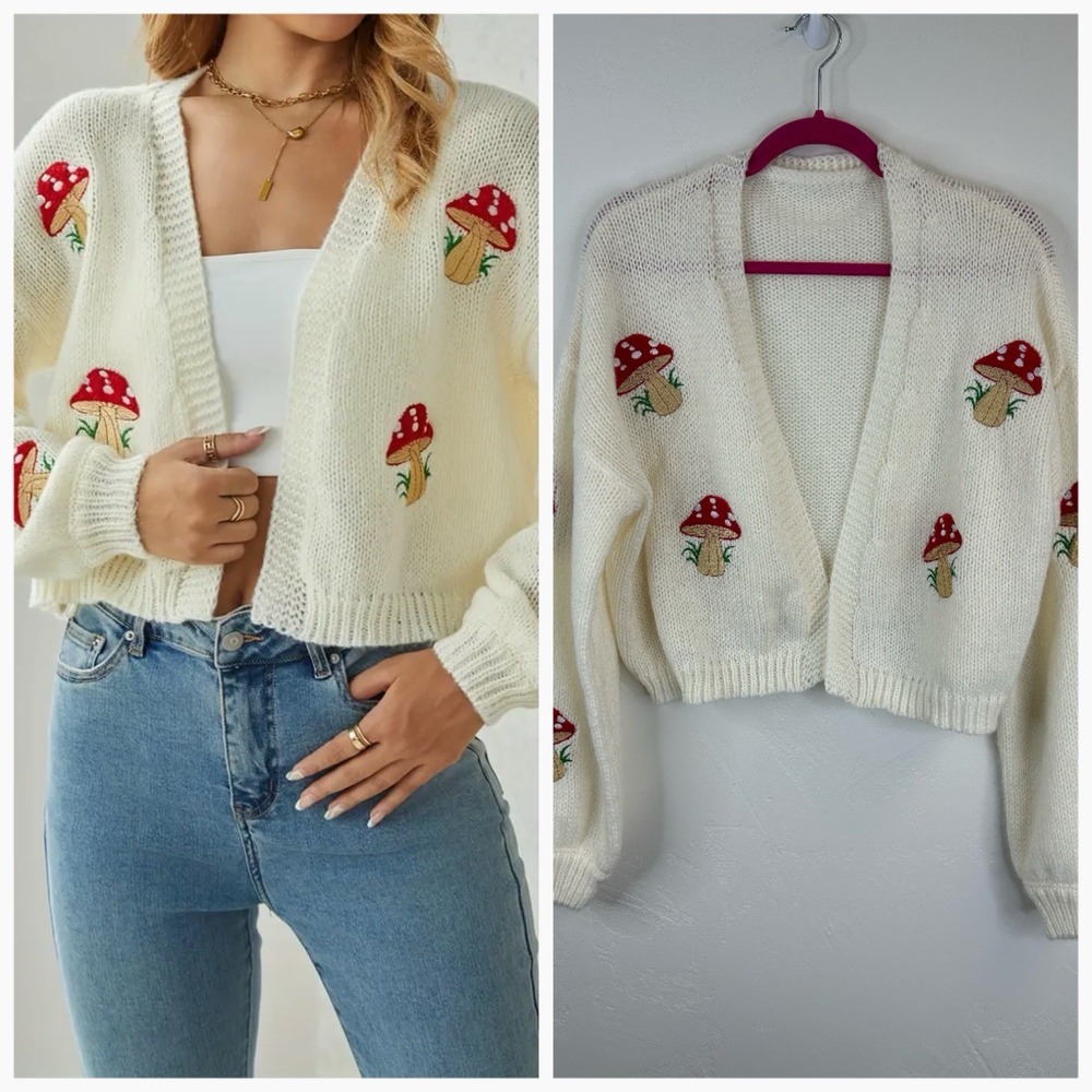 Cottagecore Mushroom Ivory Cardigan Sweater Open Front Embroidered Size XL Boho